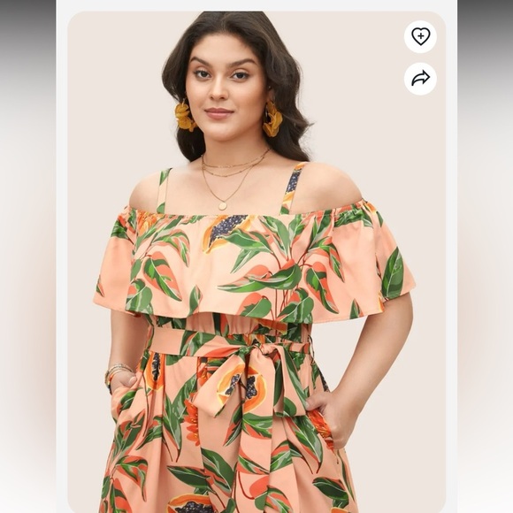 BloomChic Plus Size Citrus Fruit Print Belted Ruffle Trim Jumpsuit - Picture 3 of 6